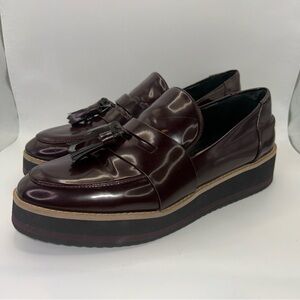 Zara Woman Burgundy Leather Wedge Loafers With Tassels US Sz 8.5 Eur Sz 39